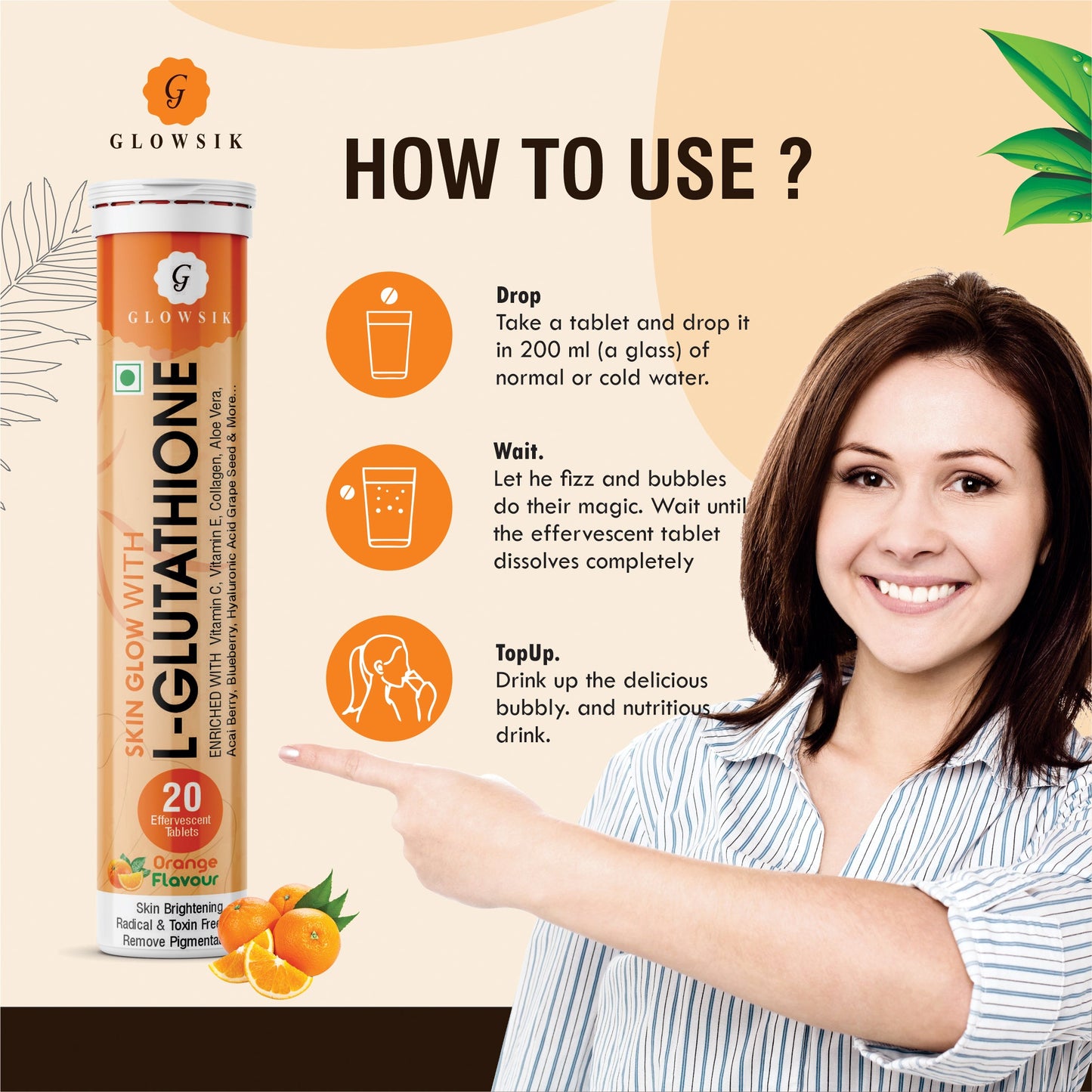 Glowsik Glutathione Effervescents tablets for skin Glow ,  with collagen  , Hyaluronic Acid , vitamin c
