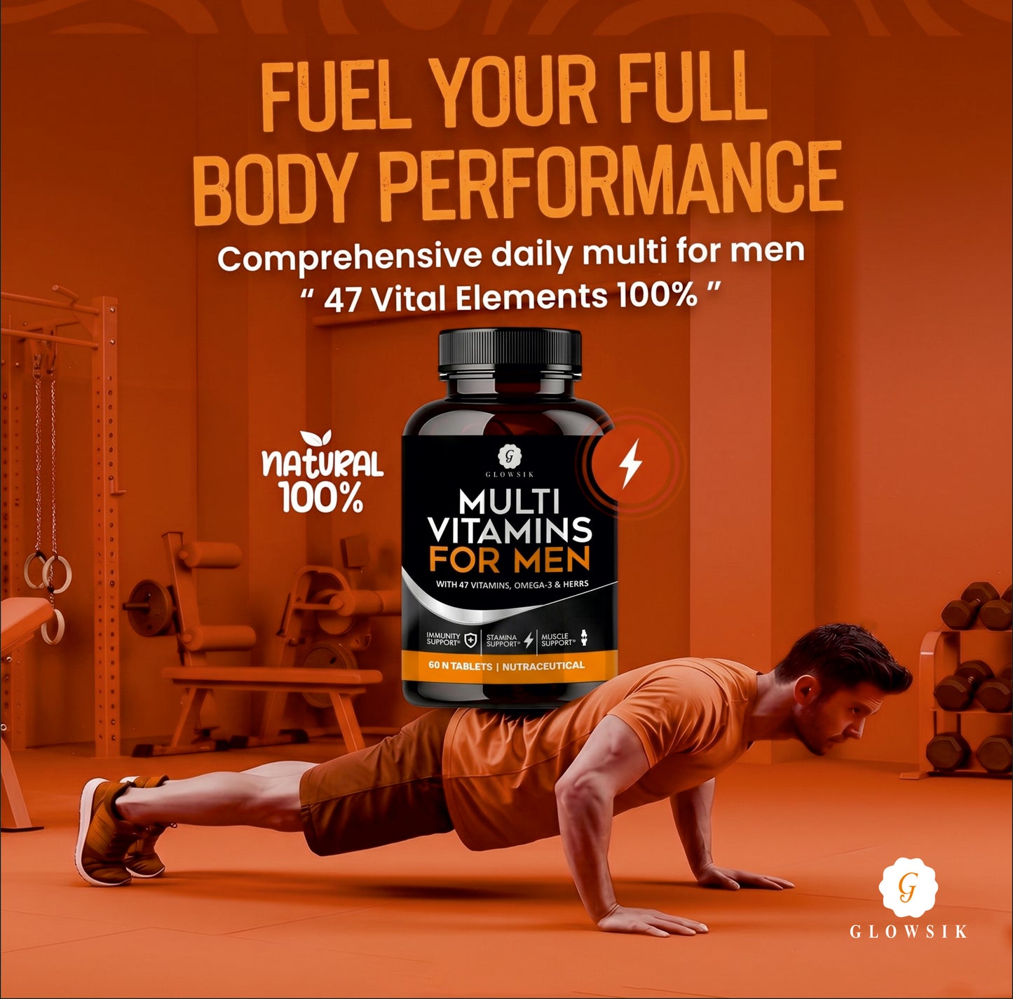 GLOWSIK Multi Vitamins For Men with 47 Vital Nutrients, Omega-3 & Ayurvedic Herbs for Immunity, Stamina & Muscle Support (60 Tablets)