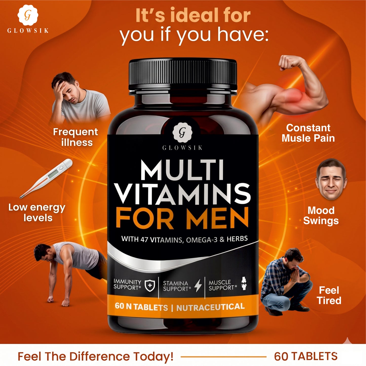 GLOWSIK Multi Vitamins For Men with 47 Vital Nutrients, Omega-3 & Ayurvedic Herbs for Immunity, Stamina & Muscle Support (60 Tablets)