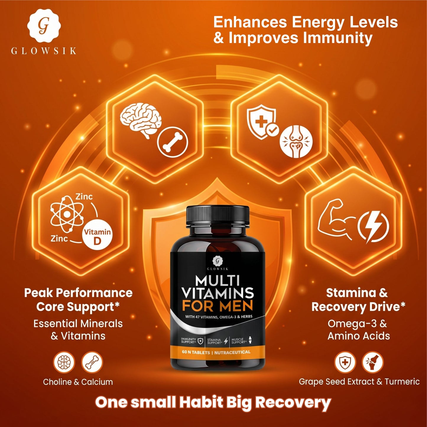 GLOWSIK Multi Vitamins For Men with 47 Vital Nutrients, Omega-3 & Ayurvedic Herbs for Immunity, Stamina & Muscle Support (60 Tablets)