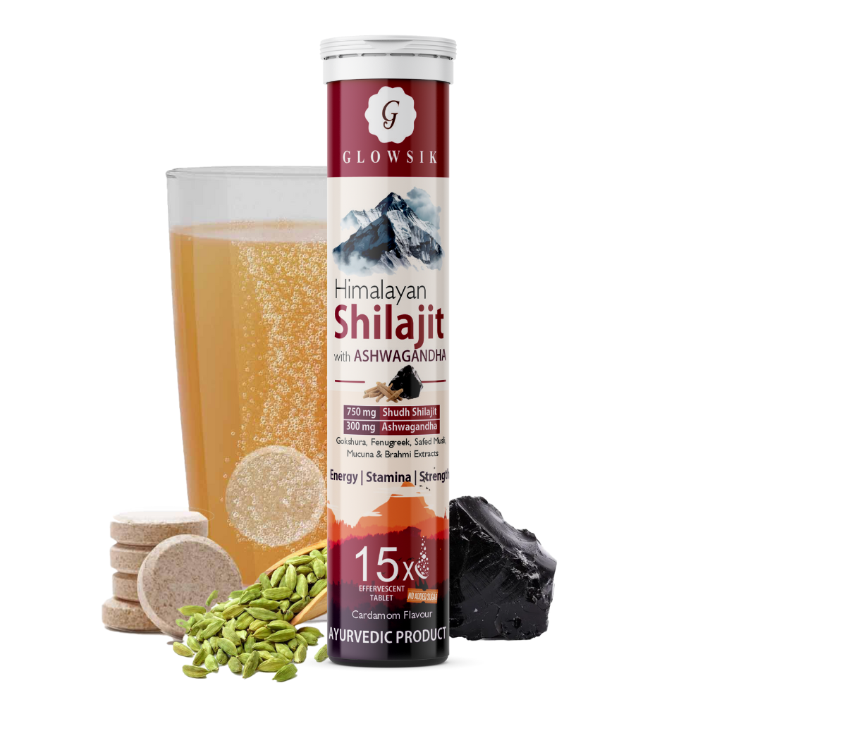 Glowsik Himalayan Shilajit with Ashwagandha – 15 Effervescent Tablets