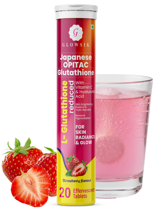GLOWSIK Japanese OPITAC L-Glutathione 600mg Effervescent Tablets with Vitamin C & Hyaluronic Acid for Glowing Skin - Strawberry Flavour (20 Tablets)