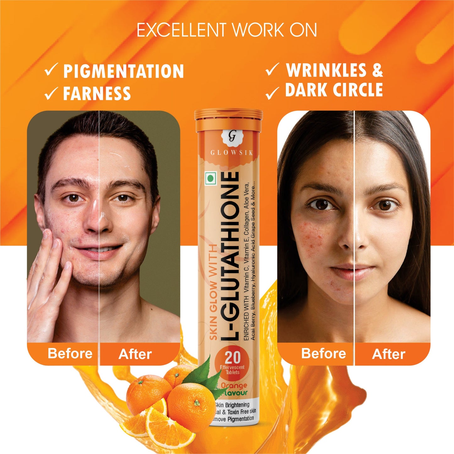 Glowsik Glutathione Effervescents tablets for skin Glow ,  with collagen  , Hyaluronic Acid , vitamin c