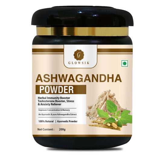 GLOWSIK 100% Natural Ashwagandha Powder | Herbal Immunity Booster, Stress & Anxiety Reliever, Testosterone & Stamina Support (200g)