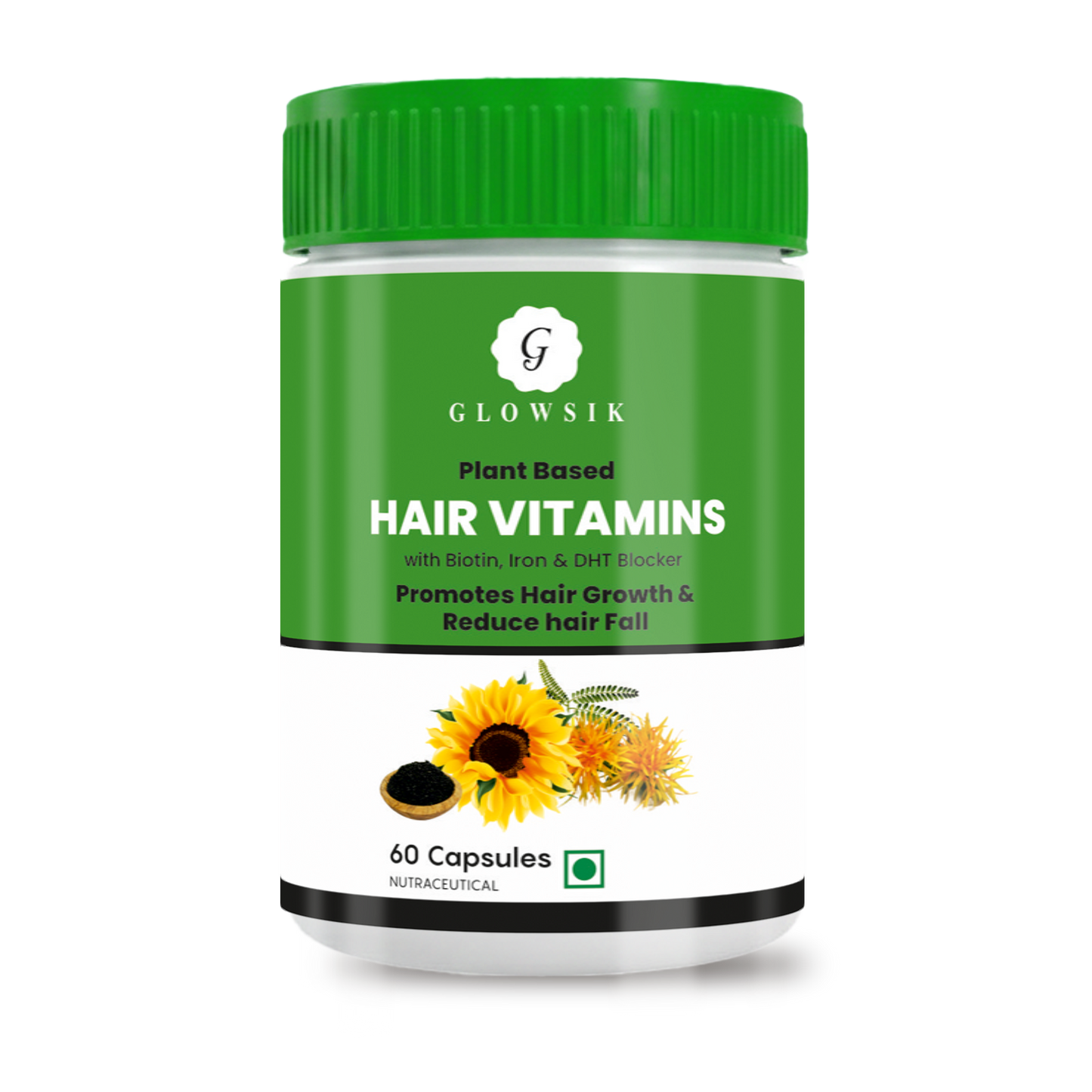 GLOWSIK Plant Based Hair Vitamins with Biotin, Iron & Natural DHT Blocker for Hair Regrowth & Anti-Hairfall (60 Capsules)