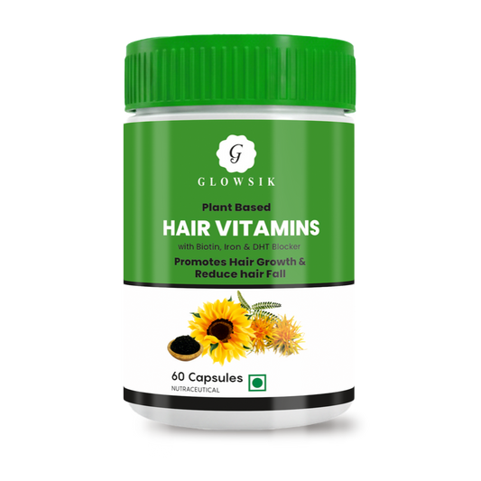 GLOWSIK Plant Based Hair Vitamins with Biotin, Iron & Natural DHT Blocker for Hair Regrowth & Anti-Hairfall (60 Capsules)