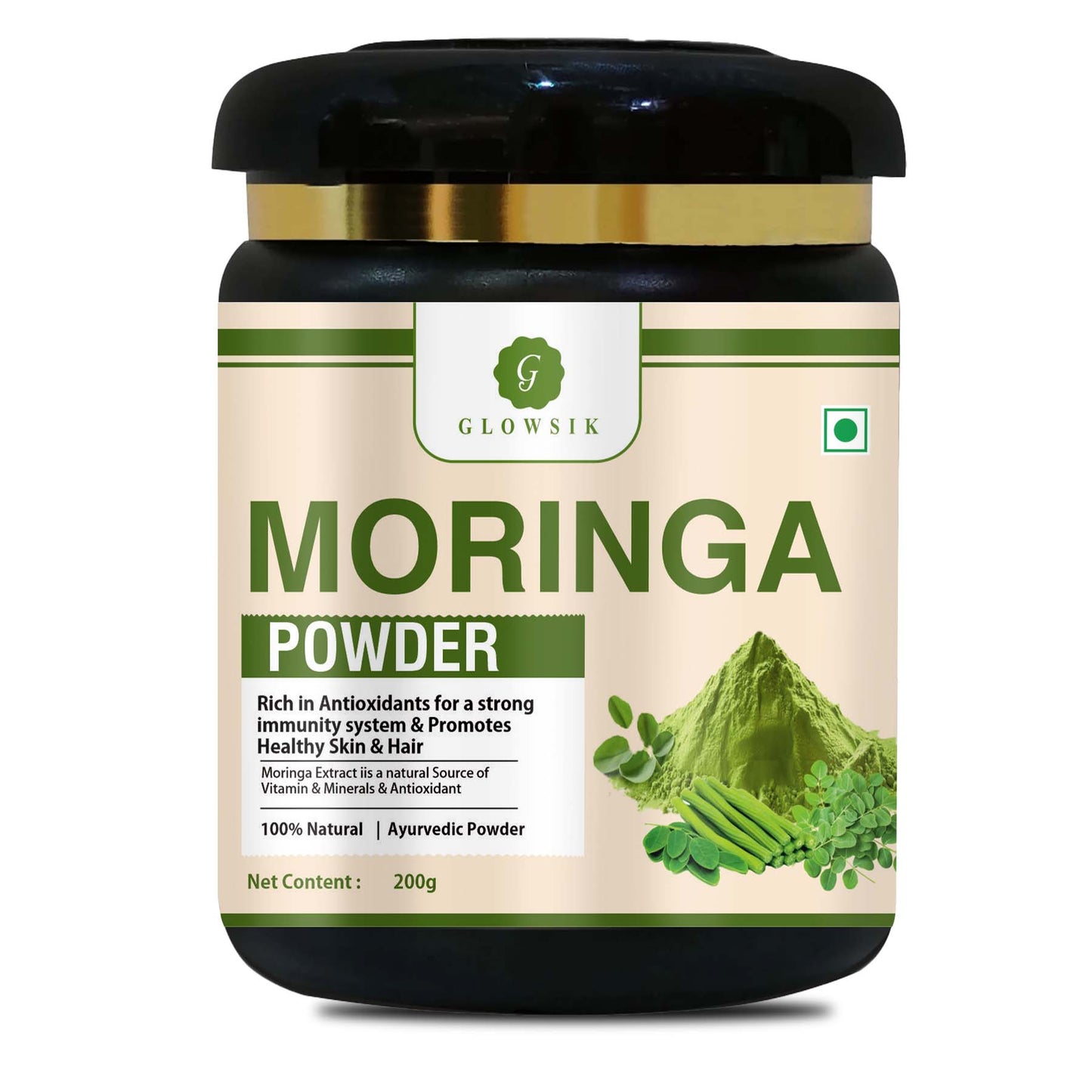 GLOWSIK Pure & Natural Moringa Leaf Powder | Plant-Based Superfood Rich in Antioxidants & Vitamins for Immunity, Skin & Hair (200g)