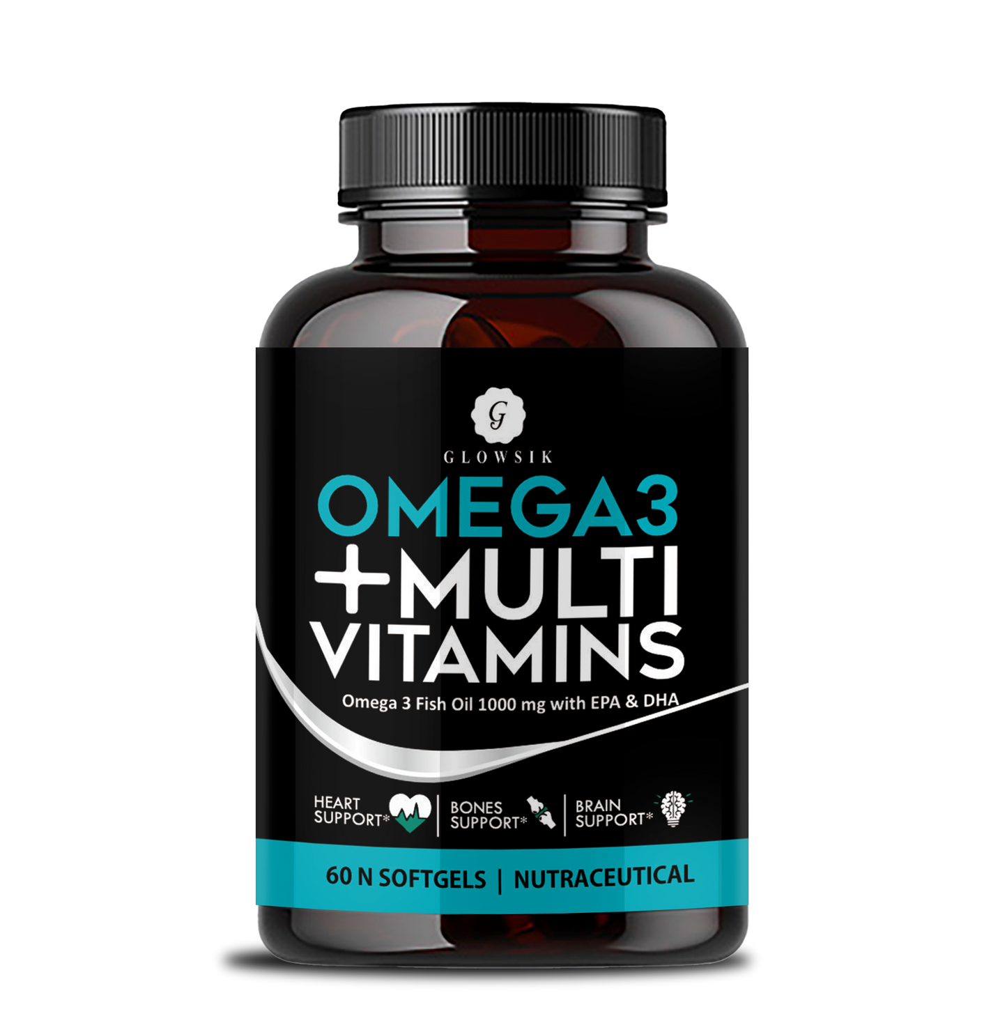 GLOWSIK Omega 3 Fish Oil 1000mg + Multi Vitamins with EPA & DHA for Heart, Brain & Bone Support (60 Softgels)