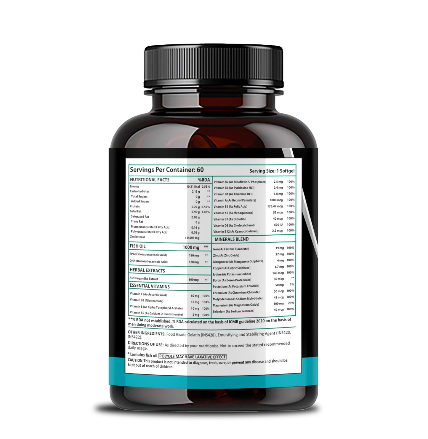 GLOWSIK Omega 3 Fish Oil 1000mg + Multi Vitamins with EPA & DHA for Heart, Brain & Bone Support (60 Softgels)