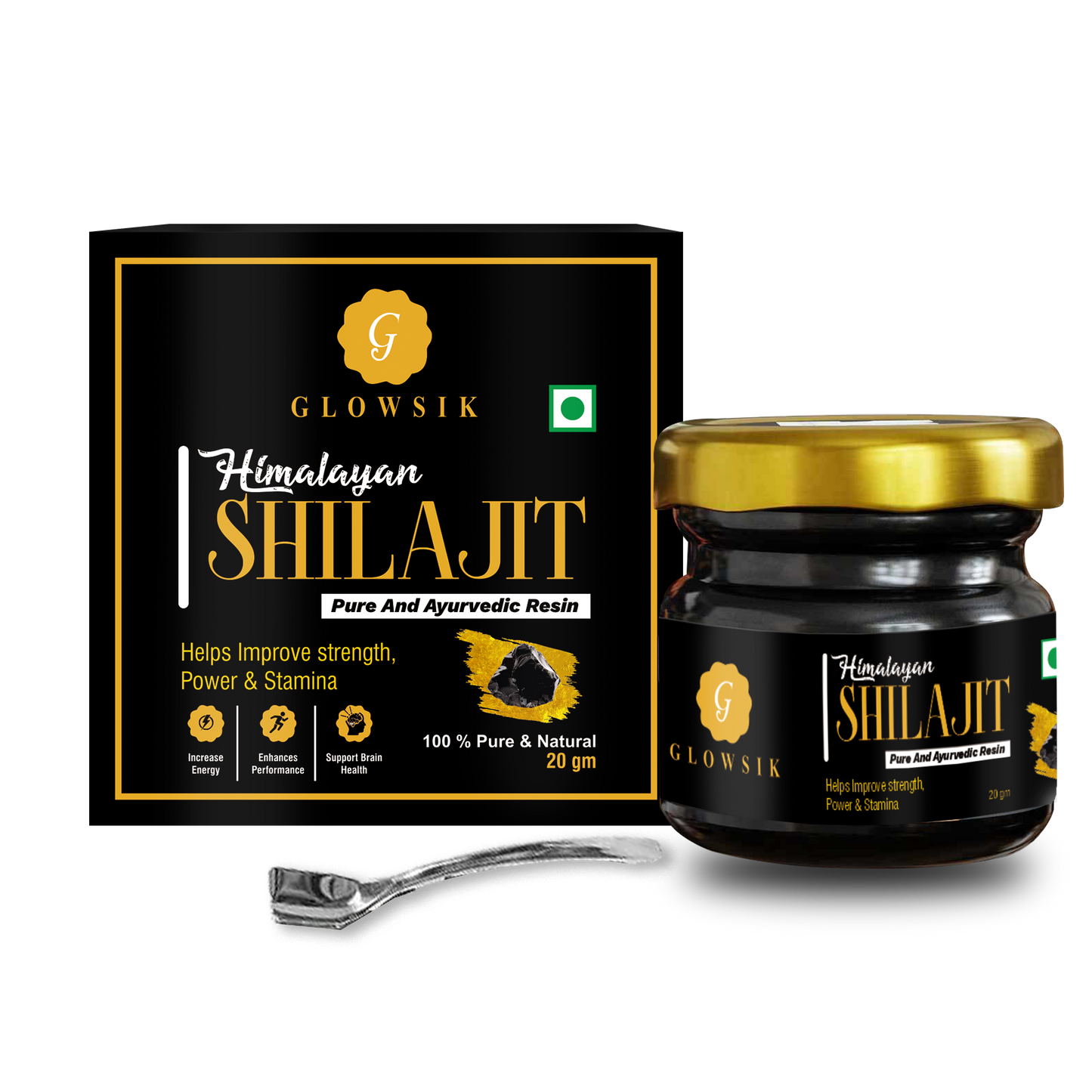 Glowsik Himalayan Shilajit Resin Original & Ayurvedic - 20 gm  Now with ashwangandha , safed mushli and kauch beej 20 effervescent tablets
