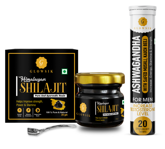 Glowsik Himalayan Shilajit Resin Original & Ayurvedic - 20 gm  Now with ashwangandha , safed mushli and kauch beej 20 effervescent tablets