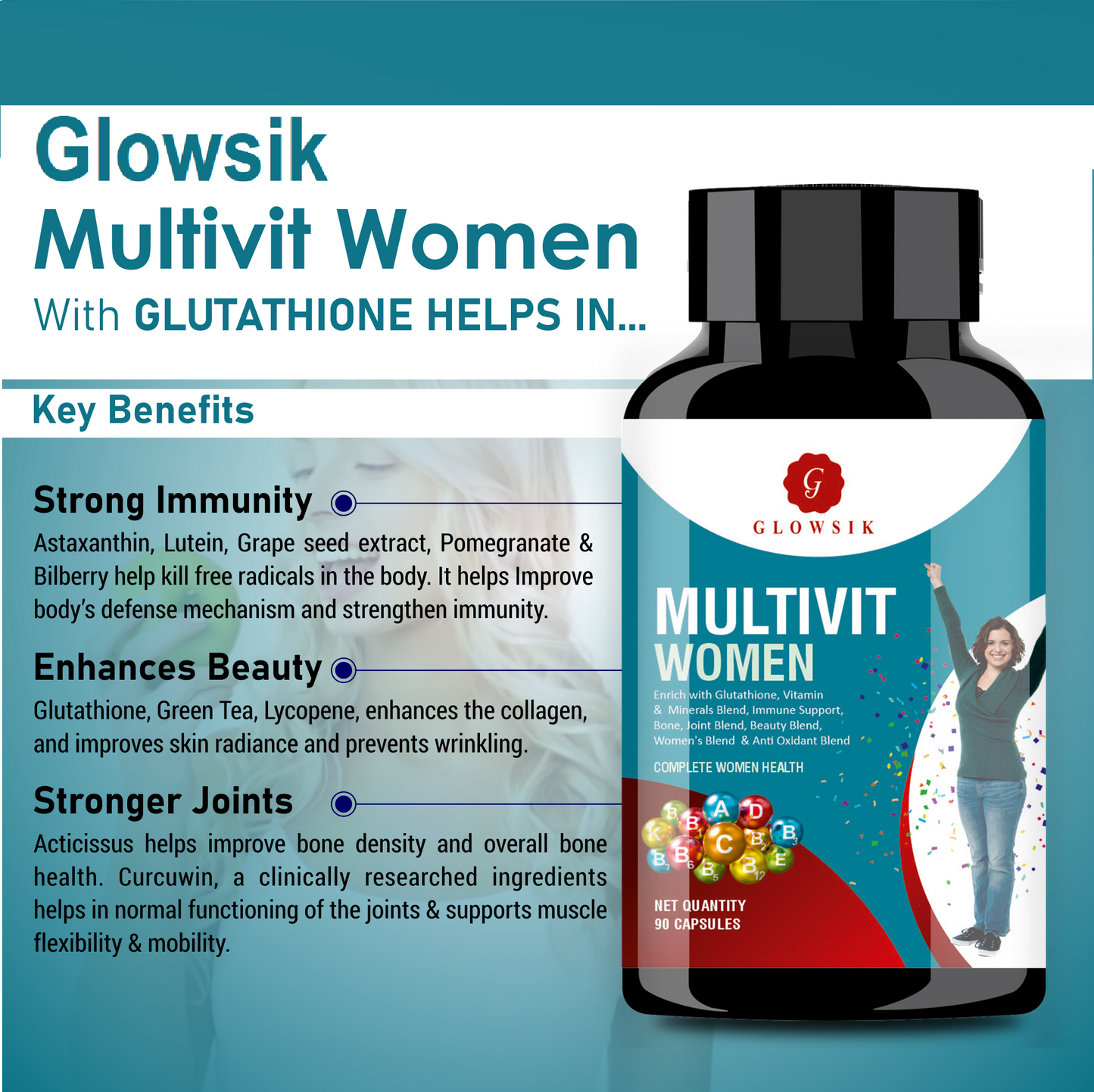 G GLOWSIK Women Multivitamins With glutathione ,Anti-Oxidants , Bone, Joint & Beauty Blend  (1000 mg)
